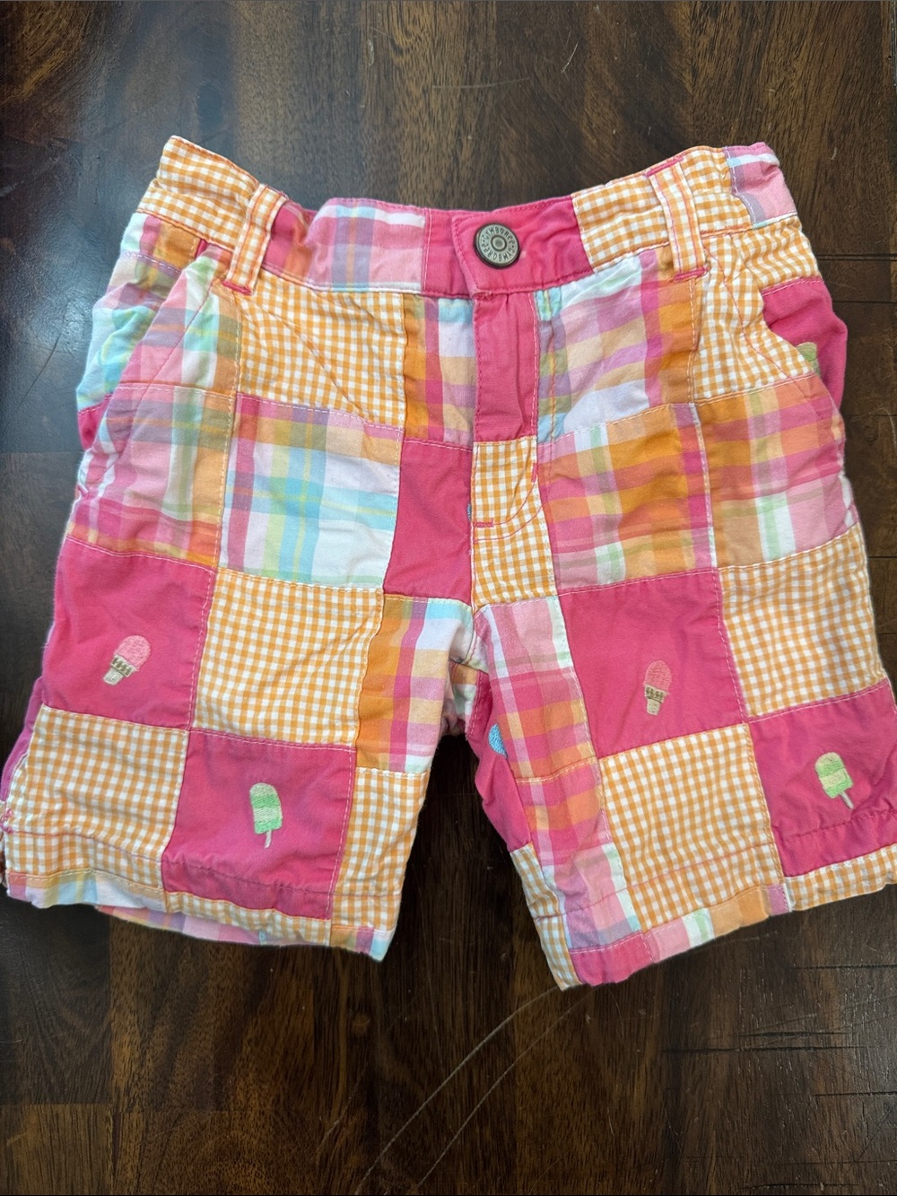 VINTAGE (2010) Gymboree Patchwork Pink & Orange Gingham Shorts Ice Cream Motif